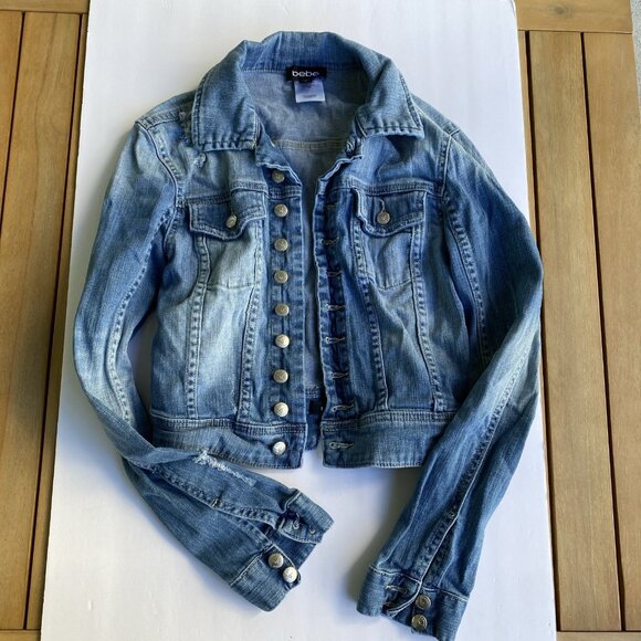 bebe Y2K Blue Distressed Denim Jean Jacket Small - Picture 1 of 8